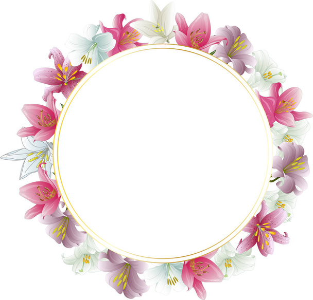 Mockup invitation, blank greeting card and lilly flowers. Flat lay, top view - Вектор, зображення