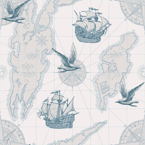 Hand-drawn seamless pattern in form of old map with islands, pirate frigates, vintage sailing yachts, compasses and seagulls. Vector background in retro style, wallpaper, wrapping paper, fabric - Vecteur, image