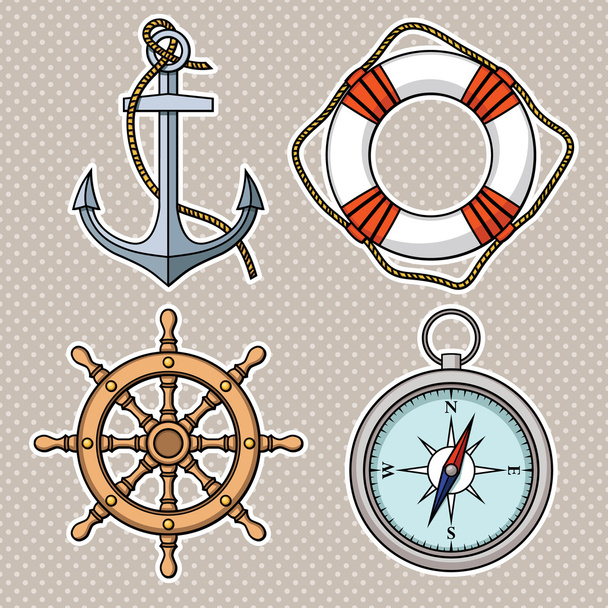 Conjunto com âncora isolada, bóia salva-vidas, roda do navio, bússola
 - Vetor, Imagem