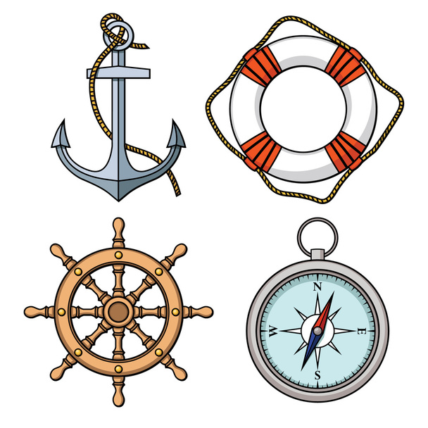 Set with isolated anchor, lifebuoy, ship's wheel, compass - Vector, Image