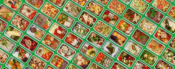Különböző típusú egészséges alacsony zsírtartalmú élelmiszerek Foil konténerek, Kreatív Kollázs - Fotó, kép