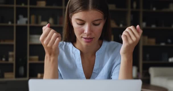 Young woman freelancer look at laptop feel shame missing deadline - Felvétel, videó