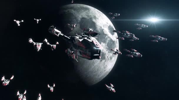 Sci-Fi Battleship Fleet in Moon Orbit - Video