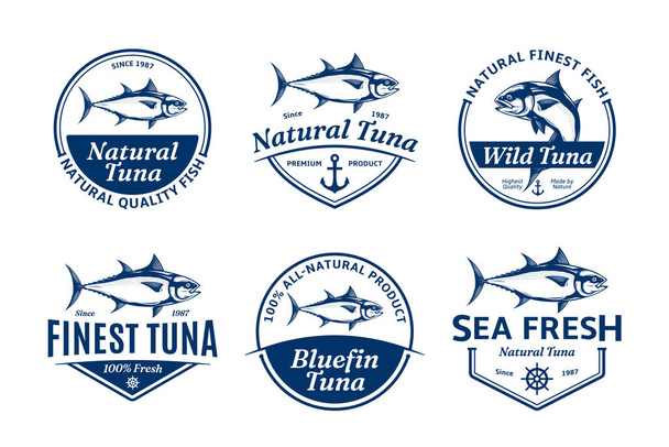 Logotipo de atún vectorial e ilustraciones de atún para la pesca, los mercados de mariscos, el embalaje y la publicidad - Vector, imagen