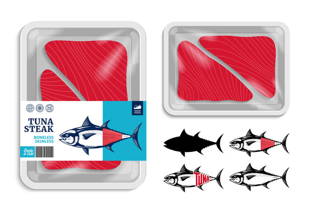 Vektör ton balığı paketleme tasarımı. Düz deniz ürünleri etiketi. Ton balığı çizimleri. Beyaz yemek tepsisi maketi - Vektör, Görsel