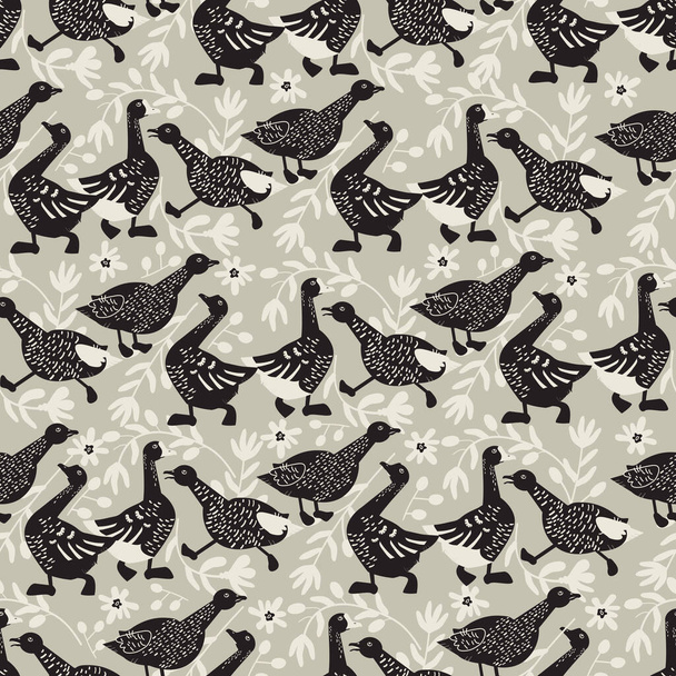 seamless decorative pattern with geese and flowers - Vector, Image