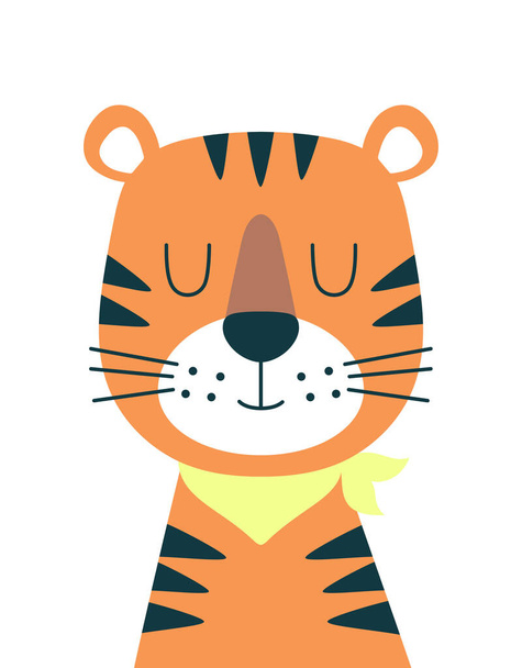 cute funny tiger isolated on white background., vector scandinavian illustration, cartoon character style, tiger character nursery print for children, card, poster, tribal animal concept - Vektor, Bild