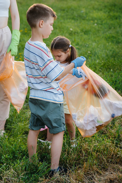日没時に子供を持つ女の子のグループが公園内のゴミ収集に従事しています。環境への配慮、リサイクル. - 写真・画像