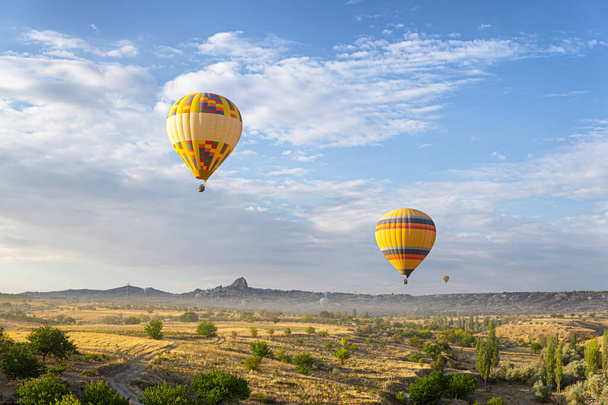 Two colorful hot air balloons drifting over a picturesque valley of Cappadocia in Turkey - Фото, изображение