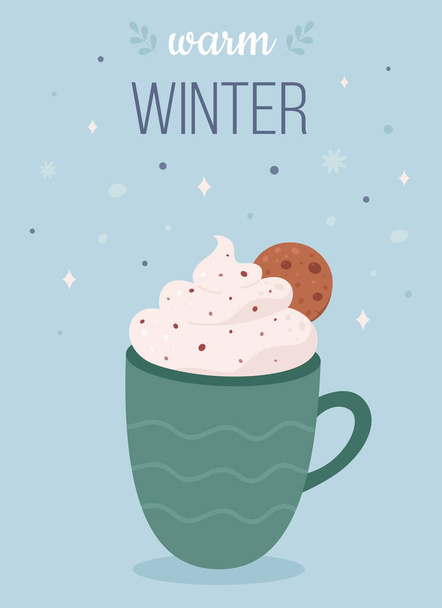 Merry Christmas, hello winter greeting card. Hot drink with ginger cookie. Vector illustration. - Вектор,изображение