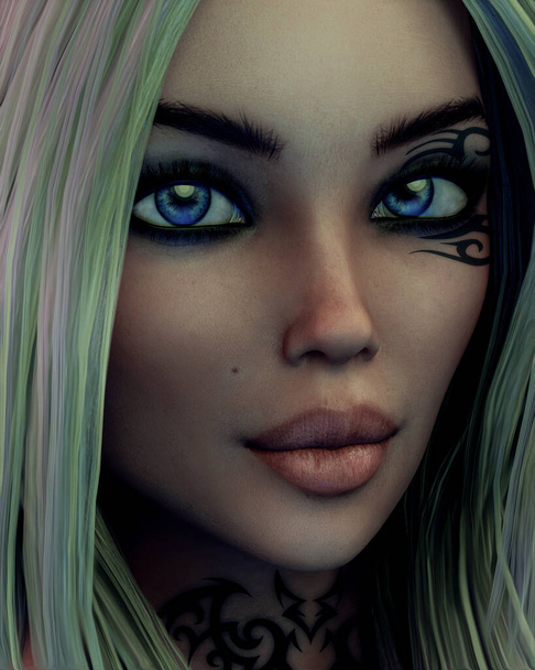 Representación de retrato 3D de una mujer con tatuajes y ojos azules - Foto, imagen