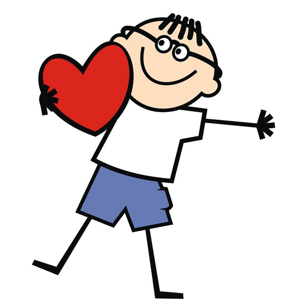 Boy with red heart, humorous vector illustration - Vector, Image