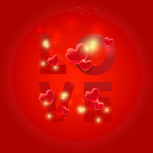 Ερωτικά γράμματα με 3d καρδιές. Σχήματα αγάπης με λάμψη φωτός σε κόκκινο φόντο. Κάρτα ημέρας του Αγίου Βαλεντίνου - Διάνυσμα, εικόνα