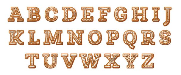 Gingerbread Cartoon Alphabet Isolated on White. English Letters. Vector Illustration. Christmas Cookies. Holidays Pastry. - Vector, imagen