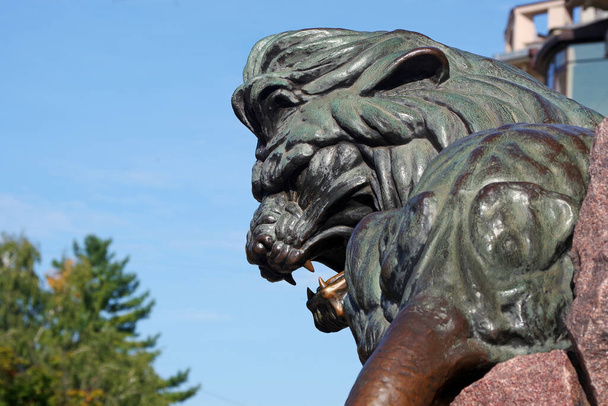 hlava bronzové sochy lva proti modré obloze. kopírovat prostor - Fotografie, Obrázek