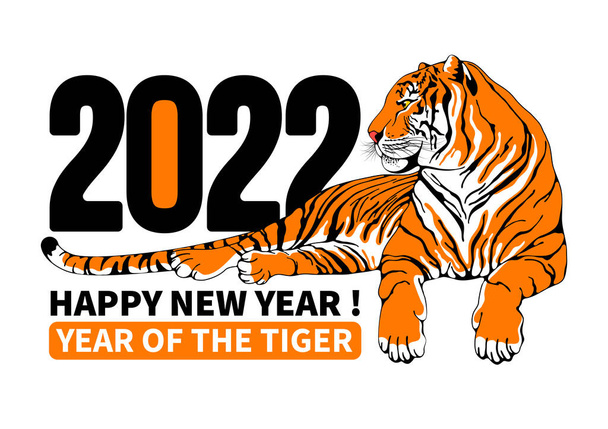 Hyvää uutta vuotta 2022 juhlava muotoilu graafinen tiikeri makaa vieressä vuoden numeroita. Eristetty valkoisella taustalla. Uuden 2022-vuoden luova tunnus juhlasuunnitelmille. Vektoriesimerkki. - Vektori, kuva