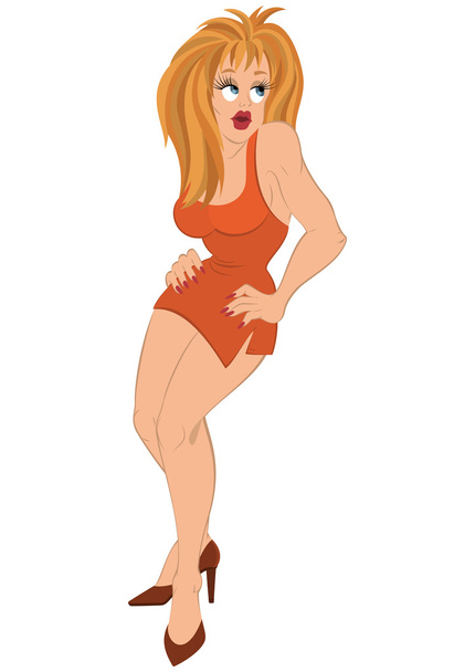 Cartoon girl with blond hair in orange dress - Vector, Image