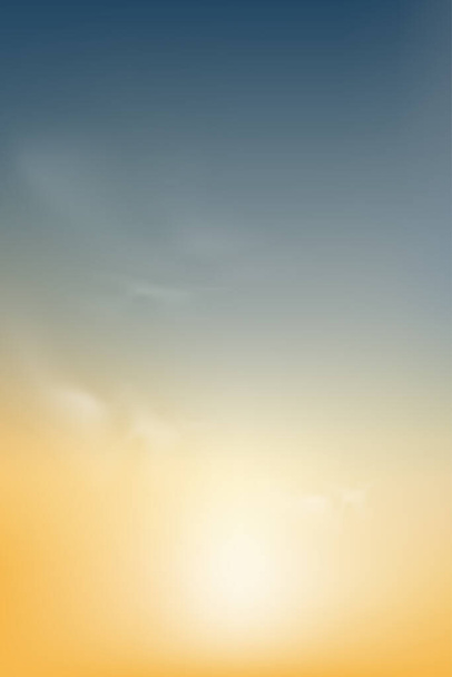 Blauer und gelber Himmel Hintergrund, Vertikale dramatische Dämmerungslandschaft mit Sonnenuntergang am Abend, Vektornetzhorizont Himmelsbanner von Sonnenaufgang oder Sonnenlicht für vier Jahreszeiten Hintergrund - Vektor, Bild