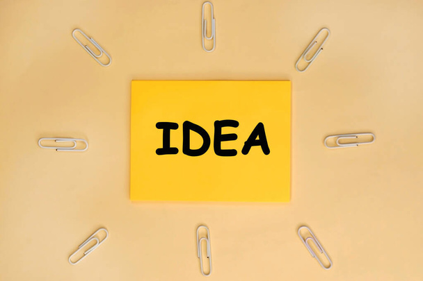 La idea de la palabra se escribe en una hoja amarilla para notas cerca de las cuales hay clips de papel. - Foto, Imagen