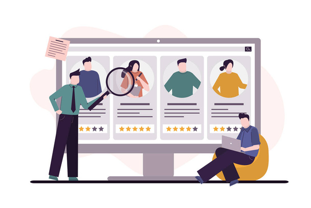 Male employer search for employee for company based on rating. Searching through web page. HR specialists choosing best candidate for job. Recruitment staff and cv resume concept. Vector illustration - Vektori, kuva