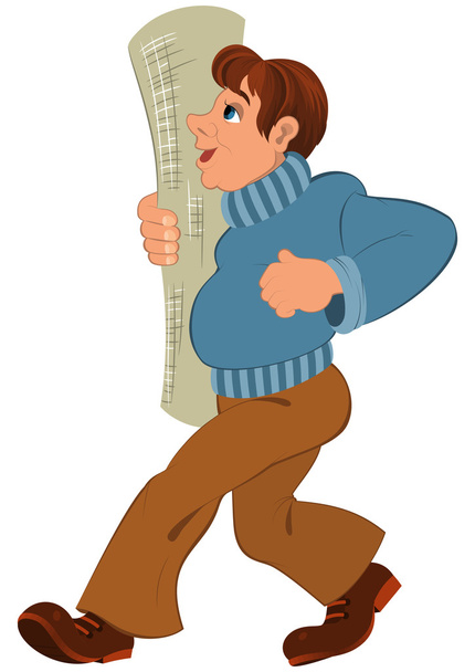 Cartoon man in blue sweater and rolled wallpaper in hand - Vecteur, image