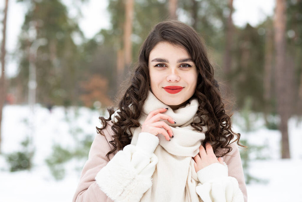 Glorious brunette woman with long hair wears coat in winter. Space for text - Photo, Image