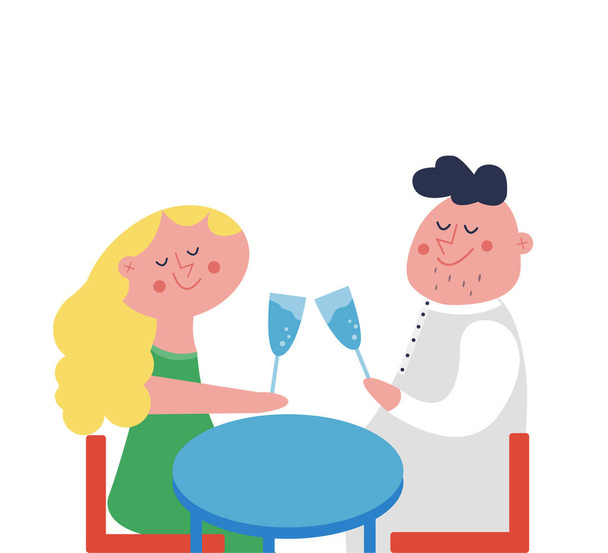 Verliebte Cartoon-Paare bei einem romantischen Date in einem Restaurant oder zu Hause trinken Wein. Restauranttermin. Vektorillustration. - Vektor, Bild