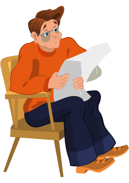 Cartoon man in orange sweater reading newspaper in armchair - Vettoriali, immagini