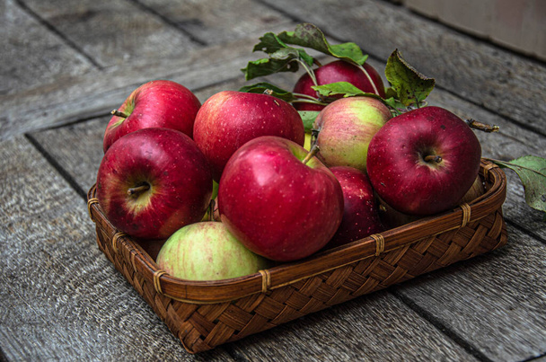 Sklizeň jablek z domácí zahrady v proutěném koši, na dřevěném stole. - Fotografie, Obrázek