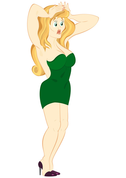 Retro hipster girl in green dress holding hands up - Vetor, Imagem