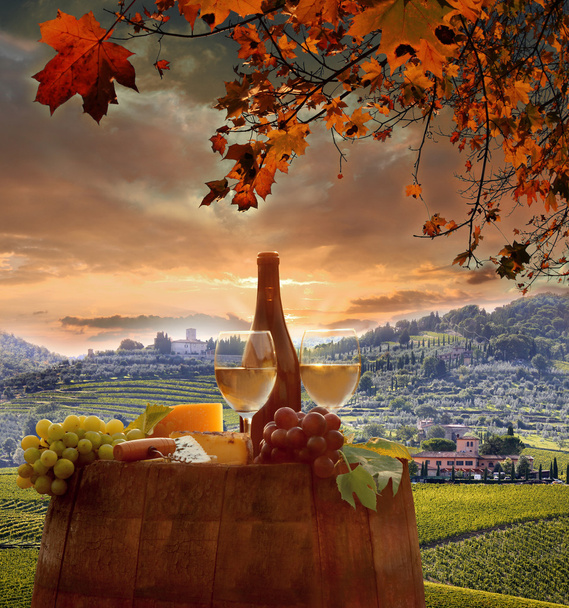 Бутылка белого вина с бочкой на винограднике в Кьянти, Тоскана, Италия
 - Фото, изображение
