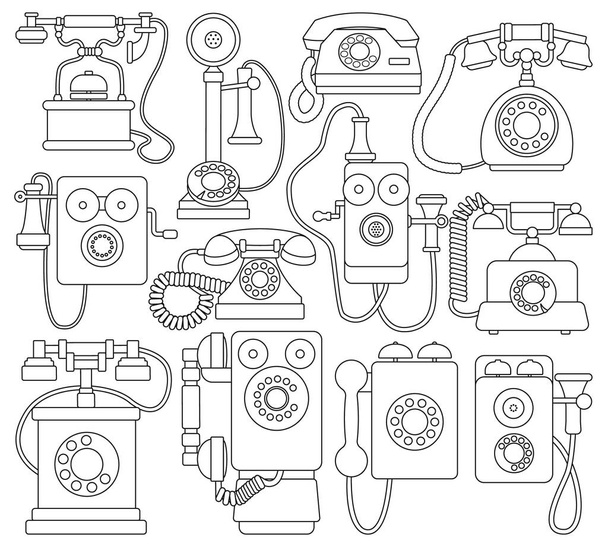 Retro Telefon Vektor Outline Set-Symbol. Vector Illustration Vintage Telefon auf weißem Hintergrund. Isolierte Umrisse setzen Icon Retro-Telefon. - Vektor, Bild