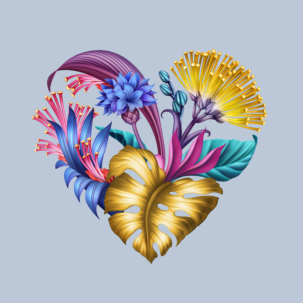 digital floral illustration, abstract heart symbol with colorful tropical fantasy flowers - Photo, Image