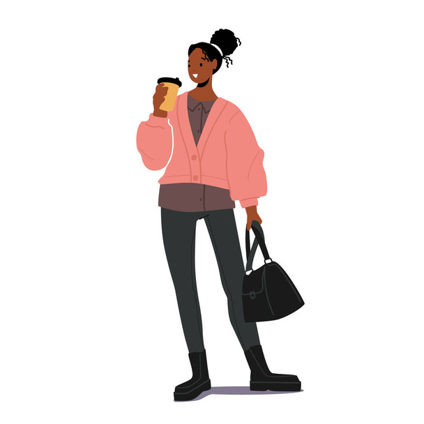 Kahve ve el çantası olan şık bir Afrikalı kız sonbahar sezonu için modaya uygun kıyafetler giyiyor. Kadınlar için Sonbahar Moda Eğilimleri - Vektör, Görsel