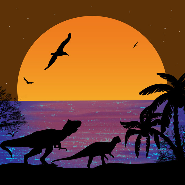 Dinosaurs silhouettes in beautiful seascape - Vector, Image