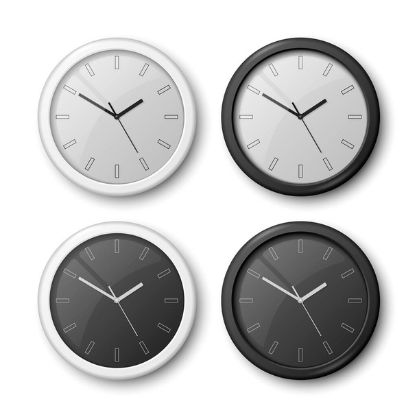 Vector 3d Realistic White, Black Wall Office Clock Icon Set Isolated on White. White Dial, Black Dial. Design Template of Wall Clock Closeup. Mock-up for Branding and Advertise. Top or Front View - Wektor, obraz