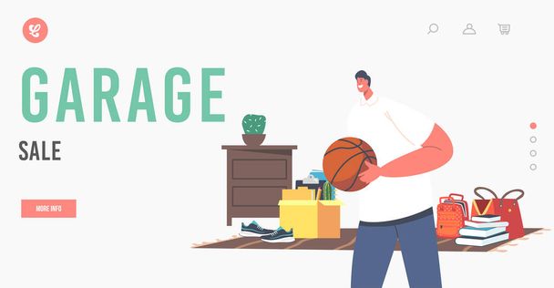 Garage Sale Landing Page Template. Man koopt basketbal bal op de vlooienmarkt. man karakter kiezen vintage dingen - Vector, afbeelding