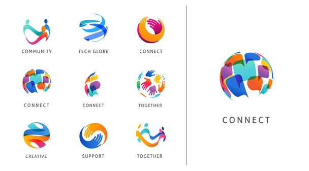 Logo seti, yaratıcı, teknoloji, biyoteknoloji, teknoloji ikonları tasarımı. Yaratıcılığın, toplumun, fikirlerin ve desteğin renkli soyut logoları  - Vektör, Görsel
