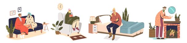 Mensen lijden aan koude binnenshuis rillen bevriezing thuis. Cartoon karakters bedekt met dekens - Vector, afbeelding