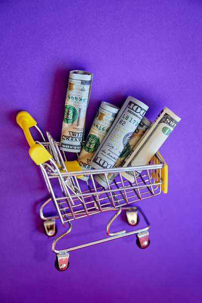 concept - curled dollar banknotes fall out of Shopping Cart Trolley against the purple background - Fotoğraf, Görsel