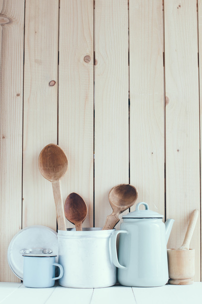 coffee pot, enamel mugs and rustic spoons  - Photo, Image