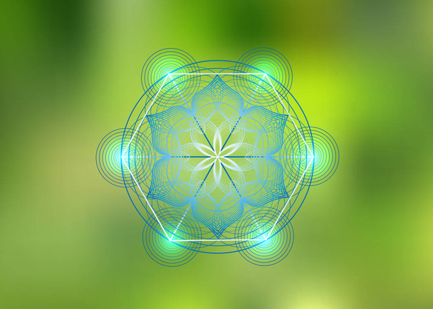 Elämän siemen symboli Sacred Geometry. Logo ikoni Geometrinen mystinen Mandala alkemia esoteerinen kukka elämän. Vektori violetti linjat, Yantra, chakra tai lootus jumalallinen meditatiivinen amuletti eristetty vihreä  - Vektori, kuva