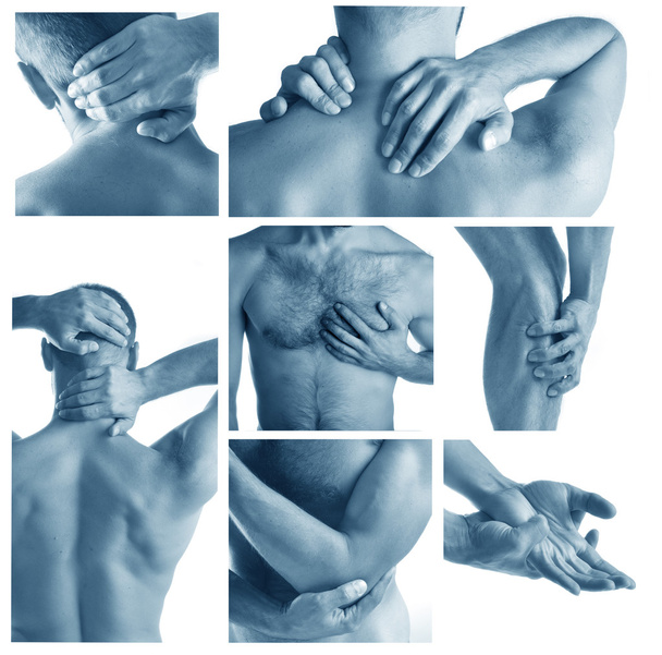 Colagem homem tendo dor em várias partes do corpo
 - Foto, Imagem