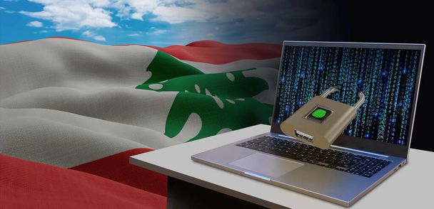 レバノンの国旗を振っている。サイバー攻撃を防ぐための情報技術とデータセキュリティの安全性の概念。インターネットとネットワークのセキュリティ. - 写真・画像