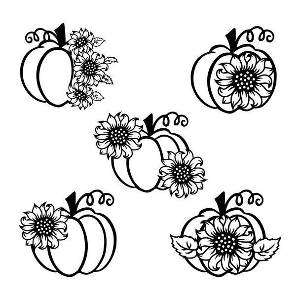 Pumpkins with sunflowers are on white background. Vector illustration set. - Vector, imagen