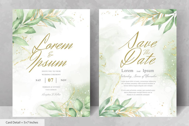 Yeşillik Çerçevesi Düğün Davetiyesi Şablonu ve Suluboya El Çiçek Çizimi - Vektör, Görsel