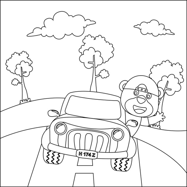 vector ilustración de oso lindo en un coche de viaje por carretera, vector creativo Diseño infantil para niños actividad colorear libro o página. - Vector, imagen