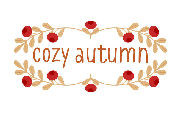 Cute autumn vector illustration lettering, yellow leaves with red lingonberries. Handwritten brush calligraphy. For banners, stickers, design elements, In a cartoon style - Vektor, obrázek