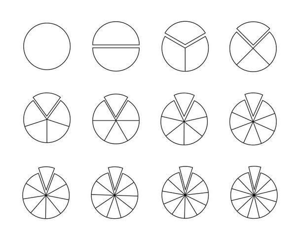 Circles segmented into sections from 1 to 12. Pie or pizza shapes cut in equal slices in outline style. Round statistics chart examples isolated on white background. Vector linear illustration - Vector, Image