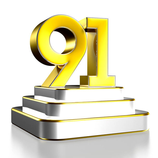Numbers 91 gold 3D illustration are on a stainless steel platform with clipping path. - Photo, Image